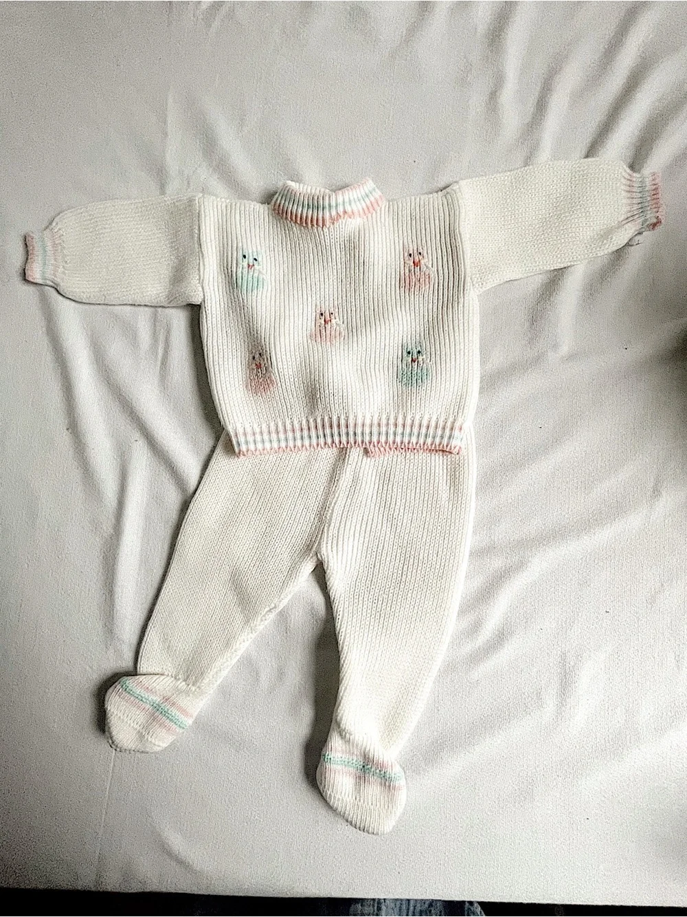 VINTAGE 80s Outfit Set Sweater Shirt Pants Footies Long Knit Bunny Pink Blue